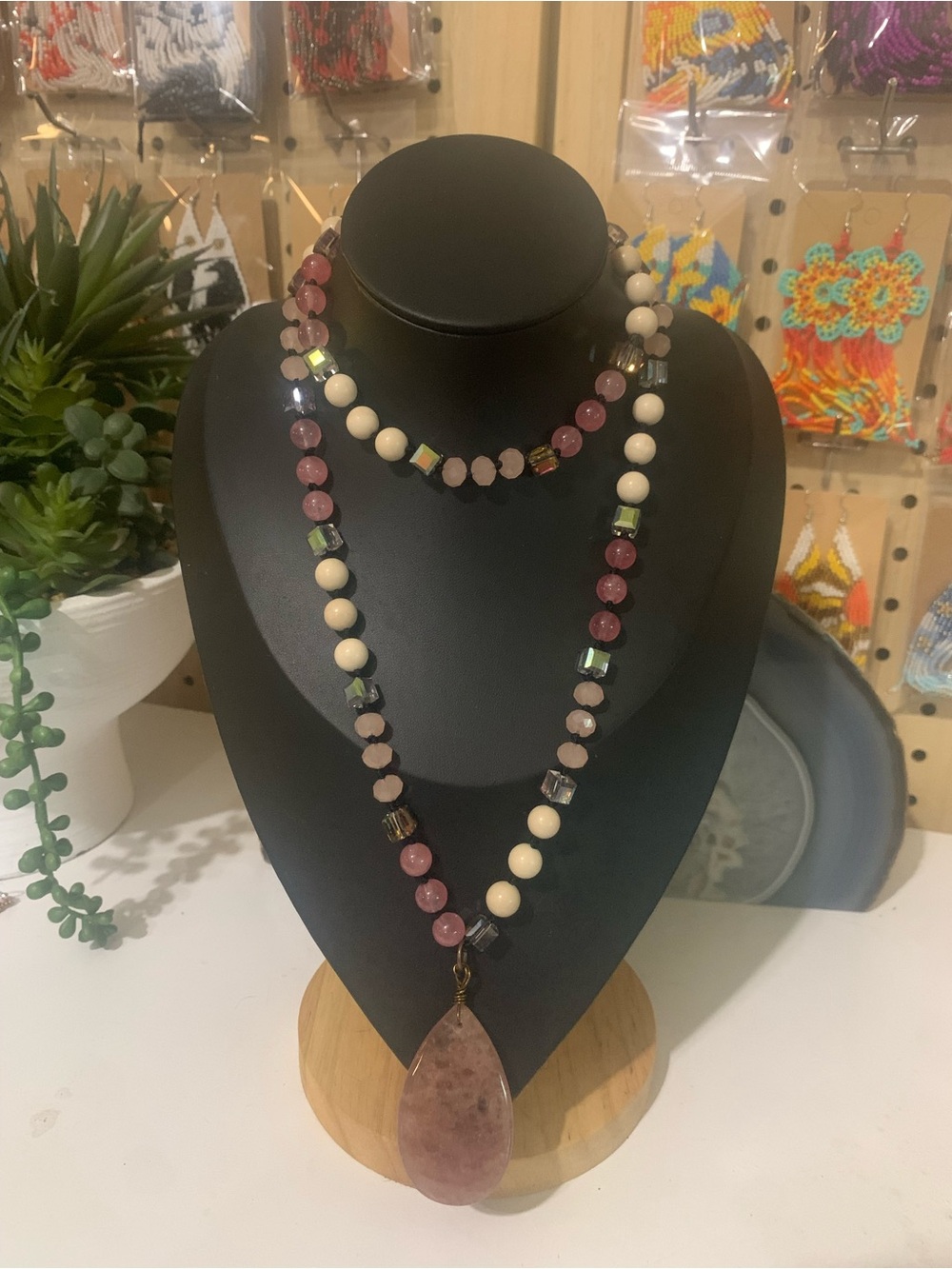 Pink and Cream Beaded Pendant Necklace with Iridescent Accents